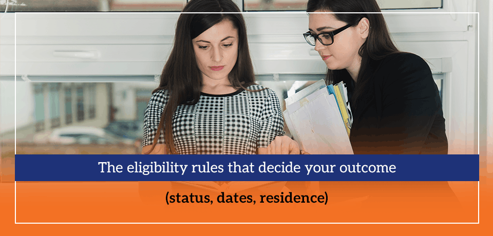 The eligibility rules that decide your outcome (status, dates, residence)
